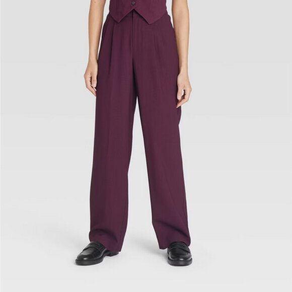 Women's High-Rise Pleat Front Straight Trousers - A New Day Burgundy 14 - Picture 1 of 3